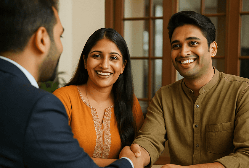 Happy homebuyers consulting with Propsoch real estate advisor in Bangalore