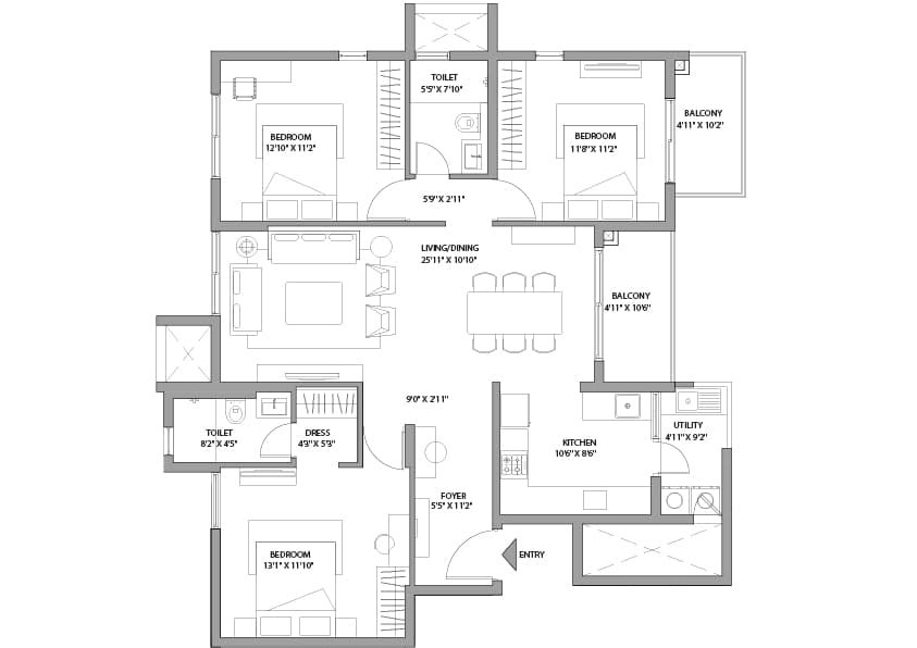 Assetz 22 & Crest,Yeshwanthpur,Bengaluru- 3BHK Floor Plan