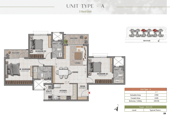 Prestige Elm Park,Whitefield,Bengaluru- 3BHK Floor Plan