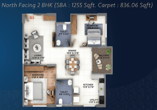 Abhee Kingscourt,Sarjapur,Bengaluru- 2BHK Floor Plan