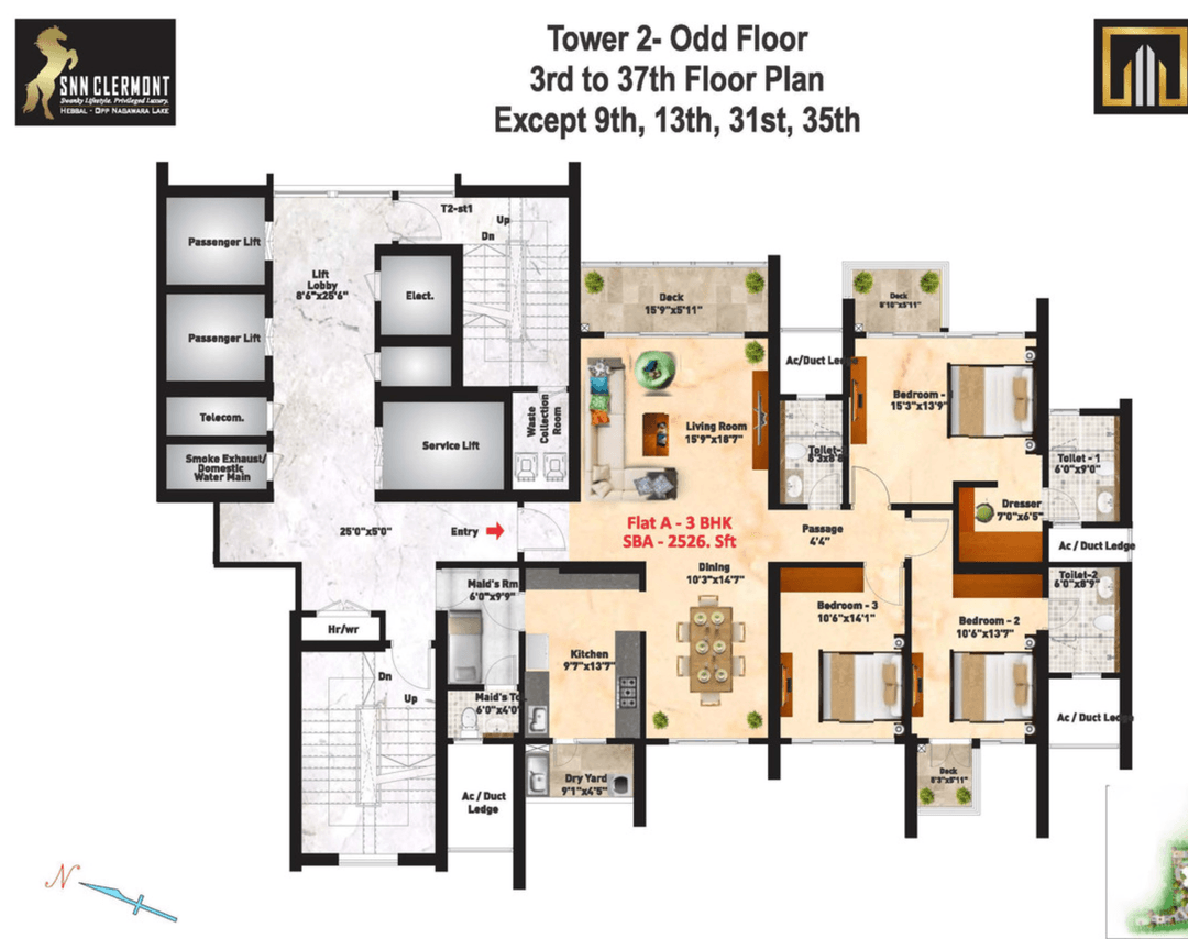 SNN Clermont,Hebbal,Bengaluru- 3BHK+Maid Floor Plan