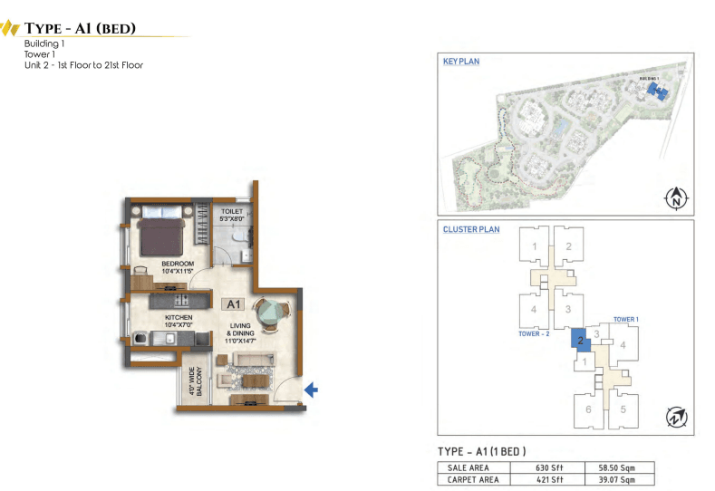 Prestige Waterford,Whitefield,Bengaluru- 1BHK Floor Plan