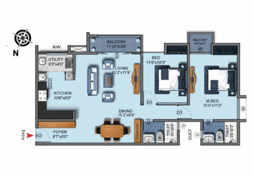 Gopalan Aqua,Whitefield,Bengaluru- 2BHK Floor Plan