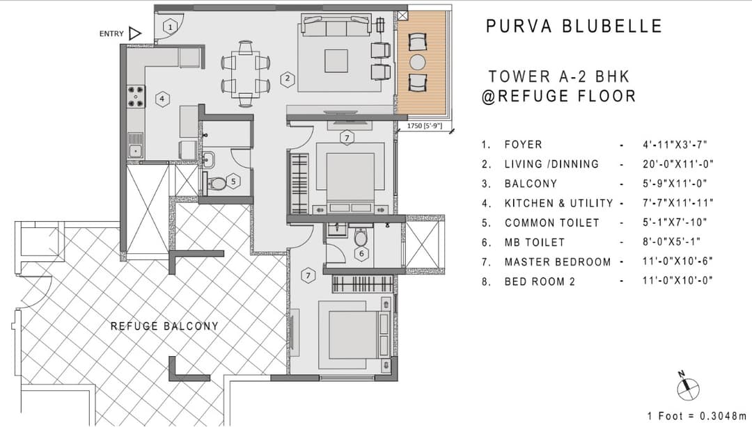 Purva Bluebelle,Magadi Road,Bengaluru- 2BHK Floor Plan