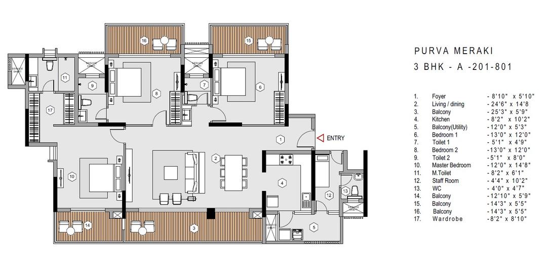 Purva Meraki,HSR Layout,Bengaluru- 3BHK Floor Plan