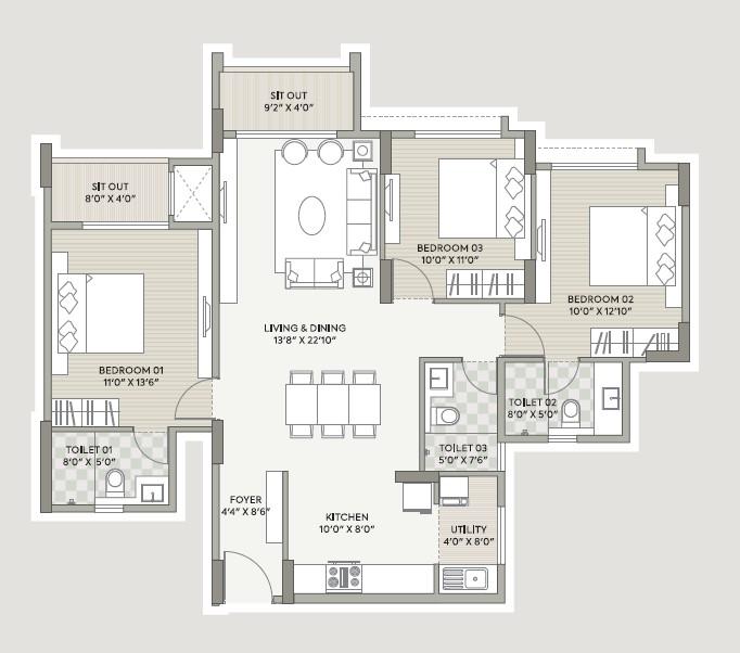 Orchid Platinum,Whitefield,Bengaluru- 3BHK Floor Plan