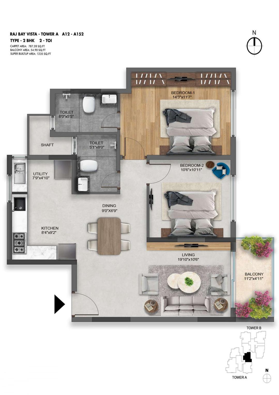 SNN Raj Bay Vista,Madiwala,Bengaluru- 2BHK Floor Plan