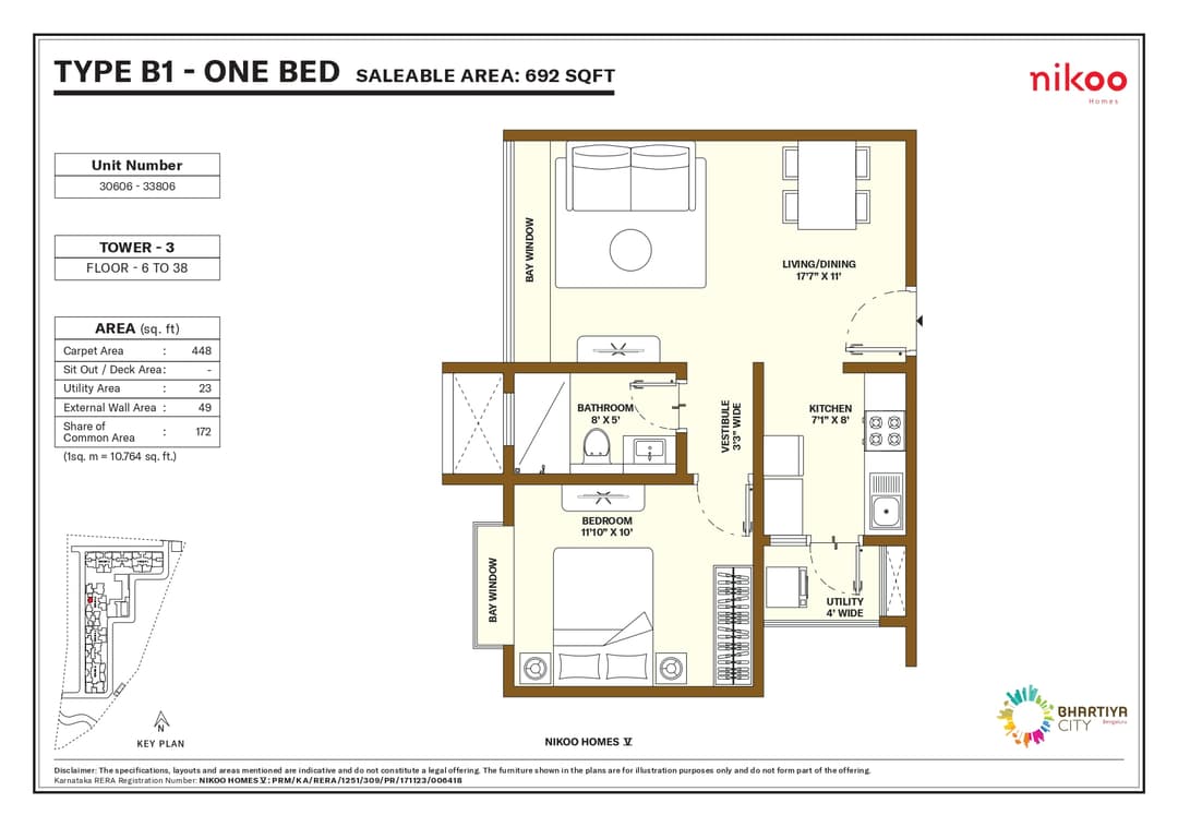 Nikoo Homes V,Thanisandra Road,Bengaluru- 1BHK Floor Plan