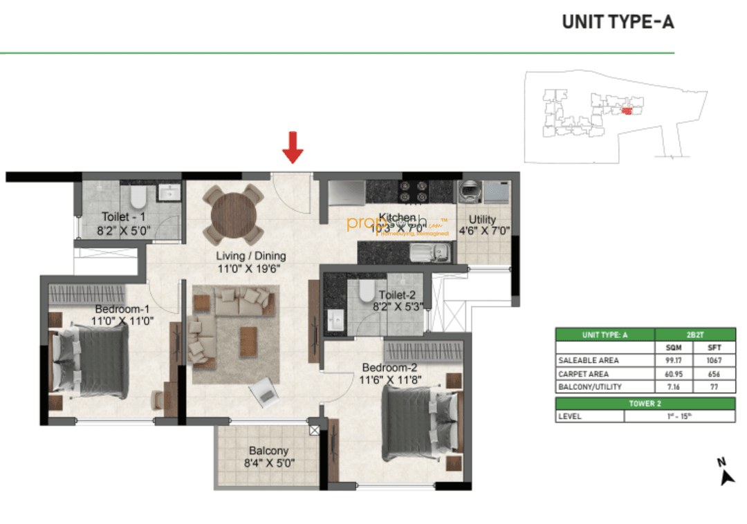 Prestige Glenbrook,Whitefield,Bengaluru- 2BHK Floor Plan