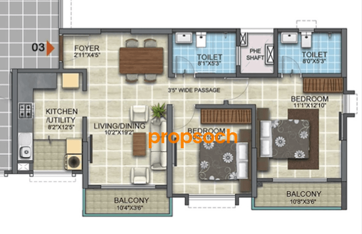 Kumar Prospera,HBR Layout,Bengaluru- 2BHK Floor Plan