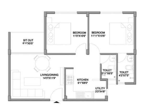 LGCL Happy Days - Phase 2,Hennur,Bengaluru- 2BHK Floor Plan