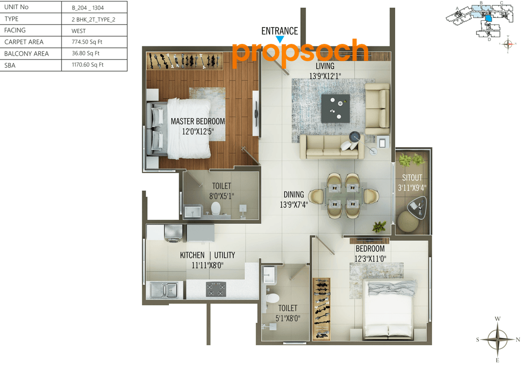 Concorde Mayfair,Yelahanka,Bengaluru- 2BHK Floor Plan