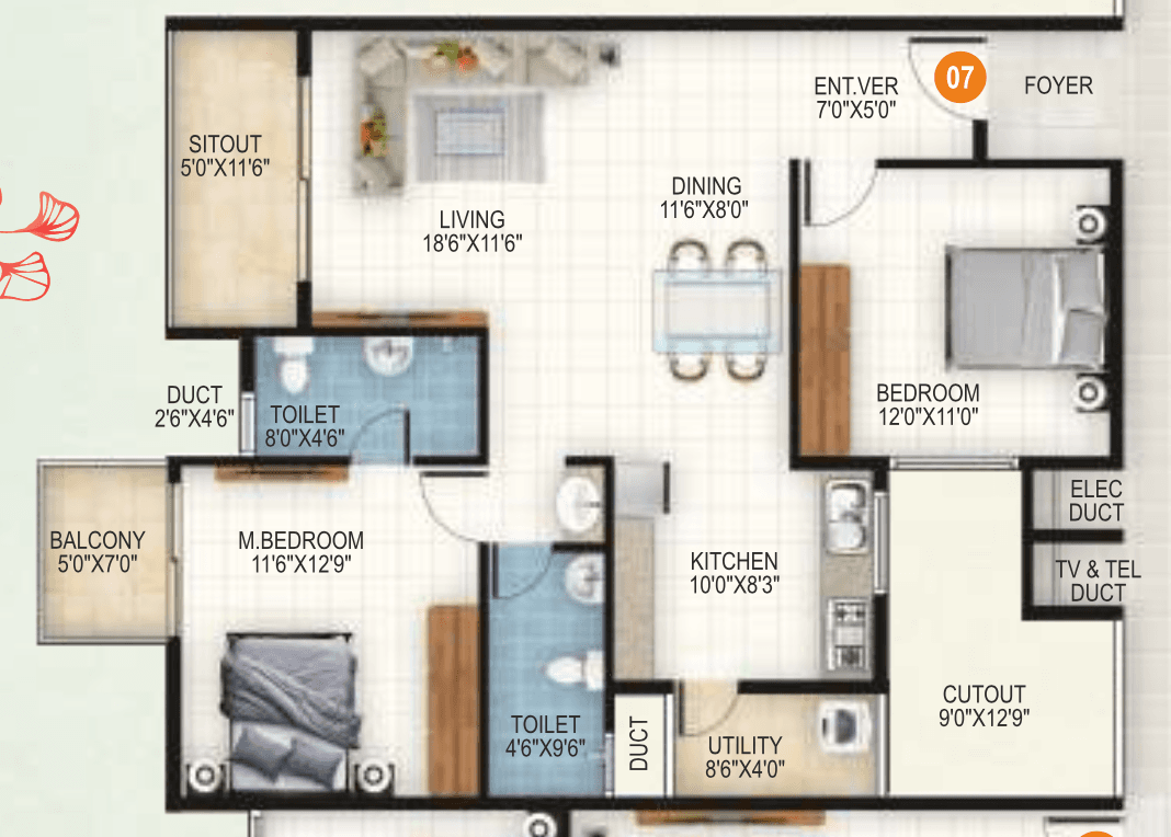 Aryan 1 Celeste,Yelahanka,Bengaluru- 2BHK Floor Plan