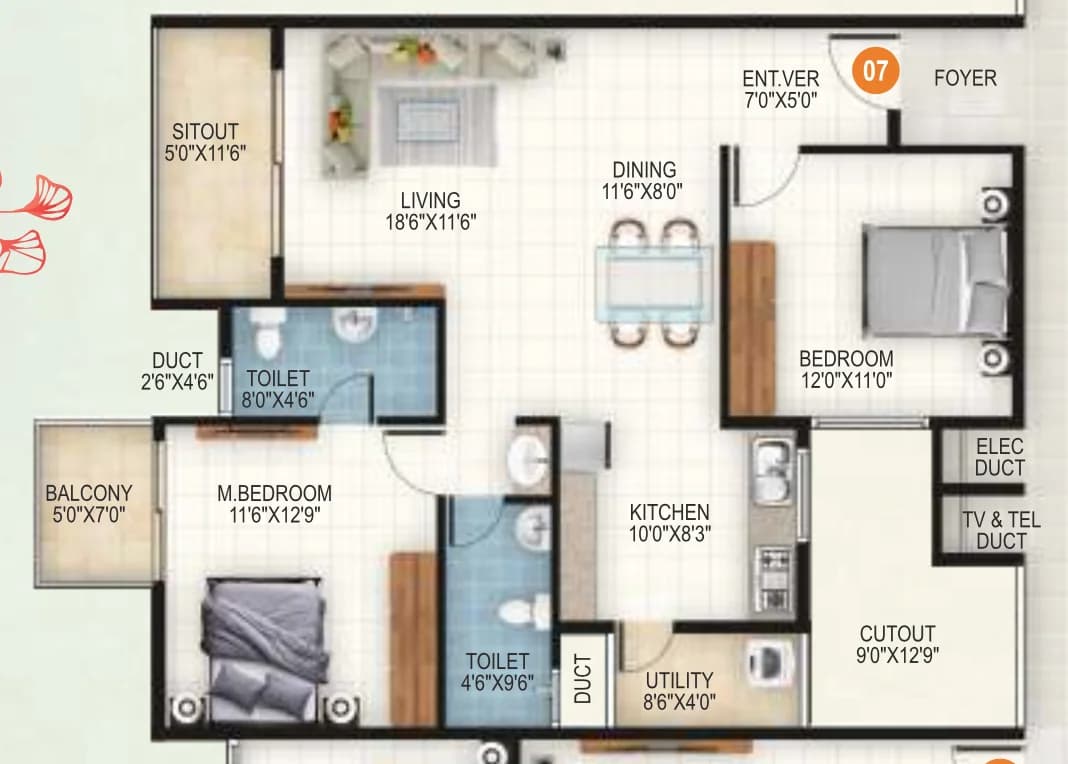 Aryan 1 Celeste,Yelahanka,Bengaluru- 2BHK Floor Plan
