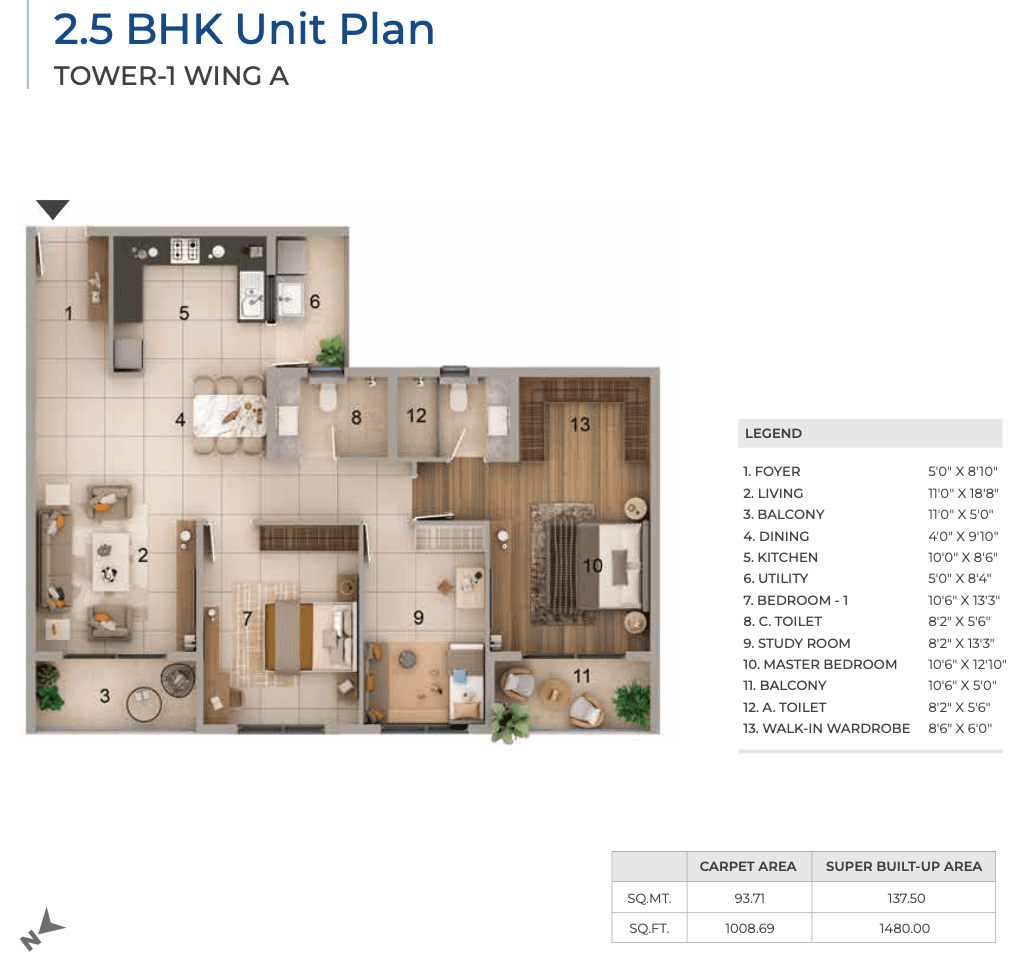 Adarsh Lumina,Sarjapur Road,Bengaluru- 2.5BHK Floor Plan