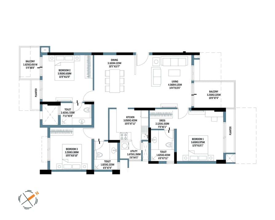 Bcm Panache,Yelahanka,Bengaluru- 3BHK Floor Plan
