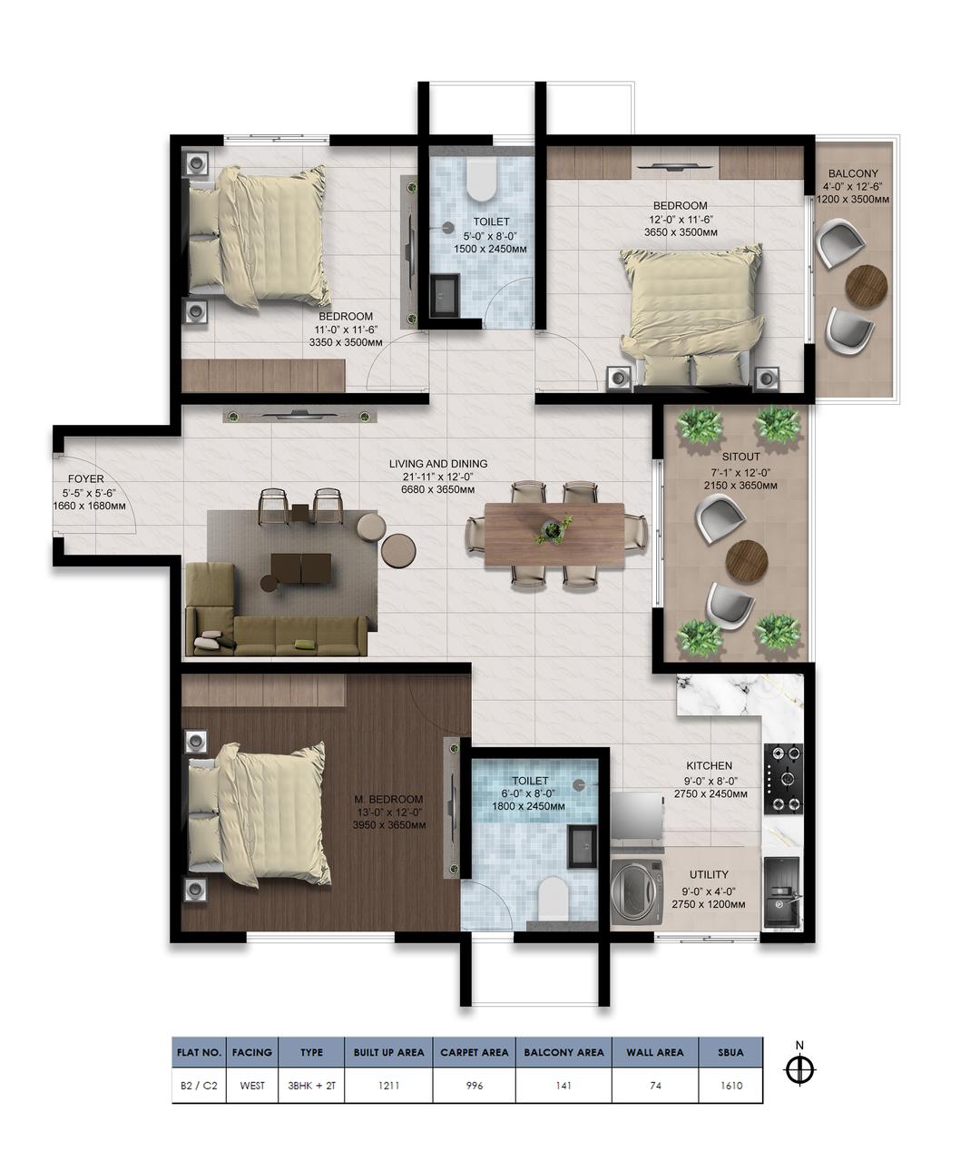 Ventara Residences,Sarjapur,Bengaluru- 3BHK Floor Plan