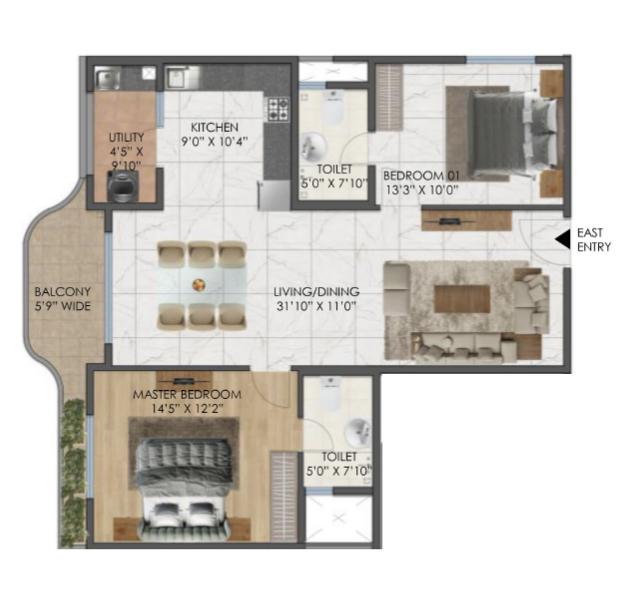 Mana Cresta,Sarjapur Road,Bengaluru- 2BHK Floor Plan