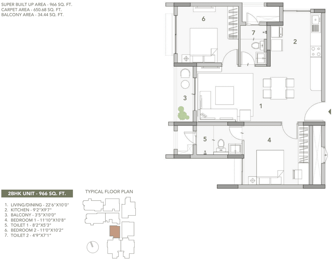 Cumins Sanctum,Jakkur,Bengaluru- 2BHK Floor Plan