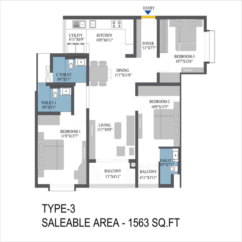 Bren Aspera,Old Madras Road,Bengaluru- 3BHK Floor Plan