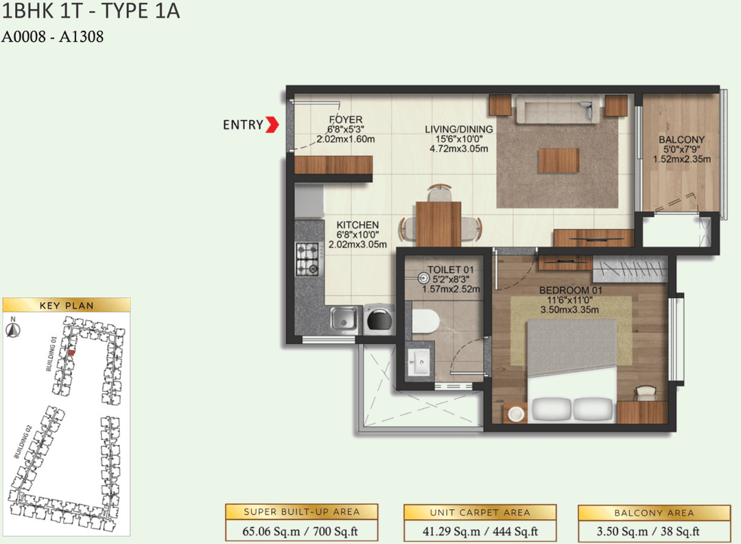 Brigade Eternia,Yelahanka,Bengaluru- 1BHK Floor Plan