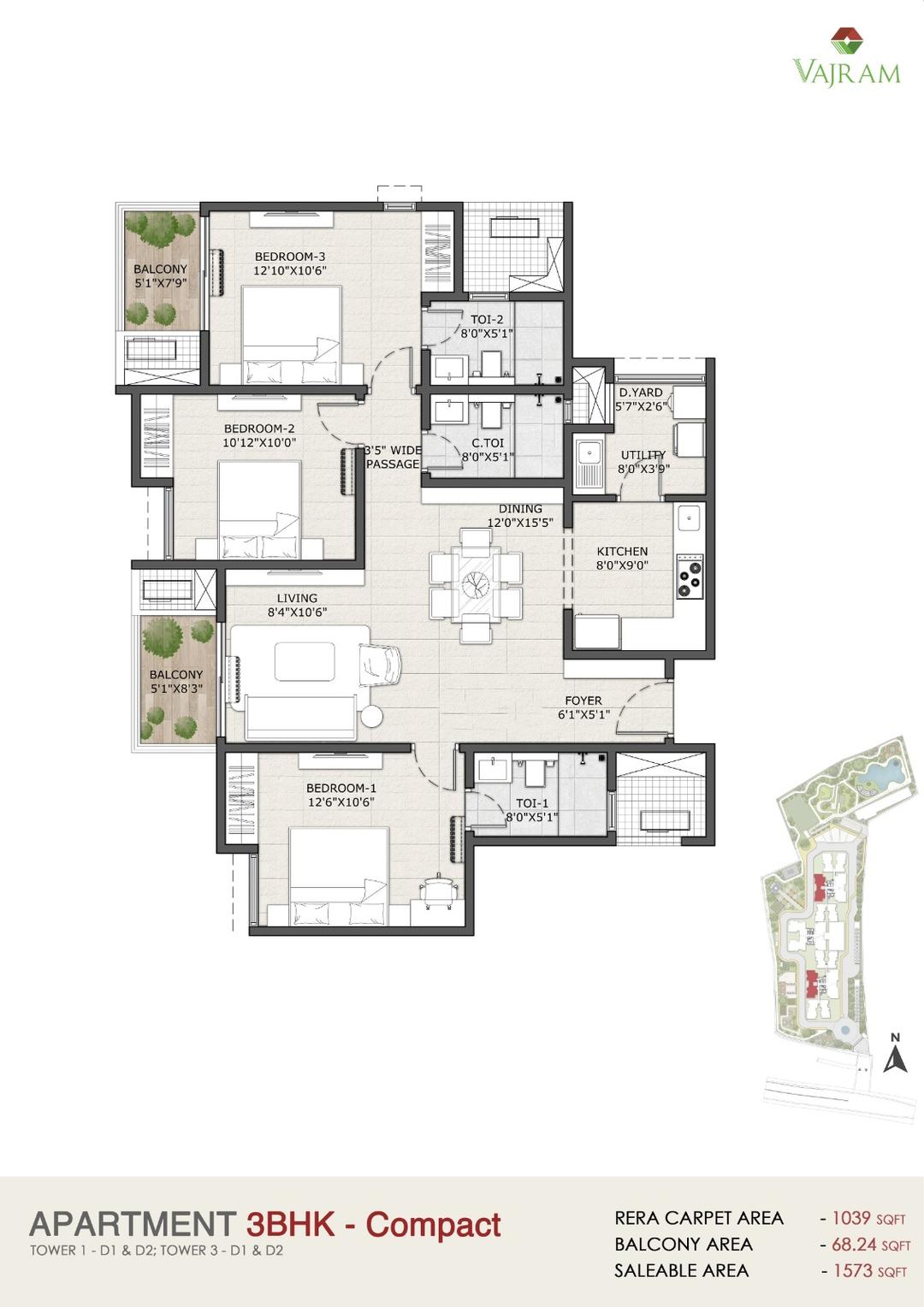Vajram Vivera,Kogilu,Bengaluru- 3BHK Floor Plan