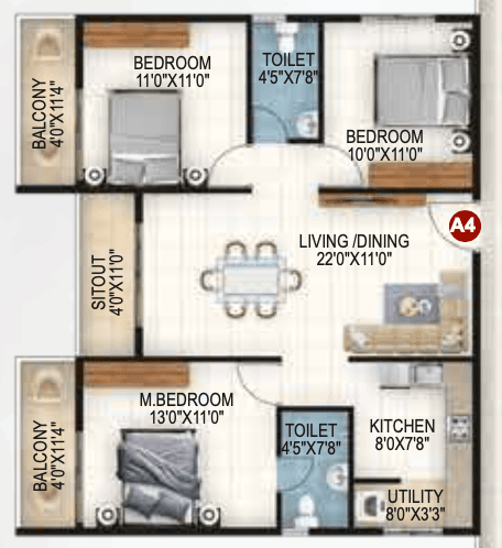 Vaishno Ambaram,Varthur,Bengaluru- 3BHK Floor Plan