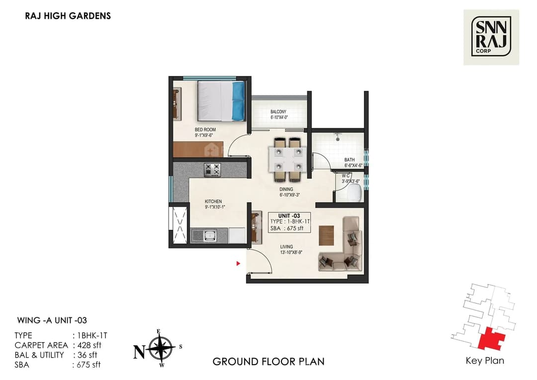SNN Raj High Gardens,Attibele,Bengaluru- 1BHK Floor Plan