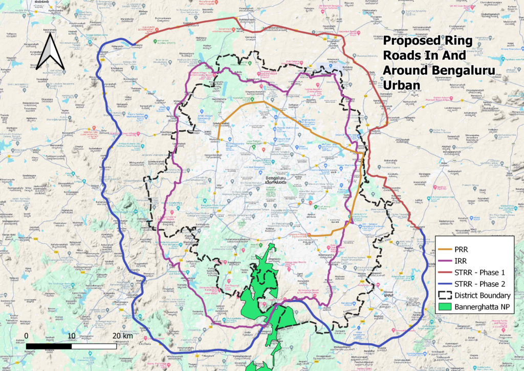 An map of Bengaluru showing the proposed routes for road projects like Intermediate Ring Road (IRR), Satellite Town Ring Road (STRR) and Peripheral Ring Road (PRR)