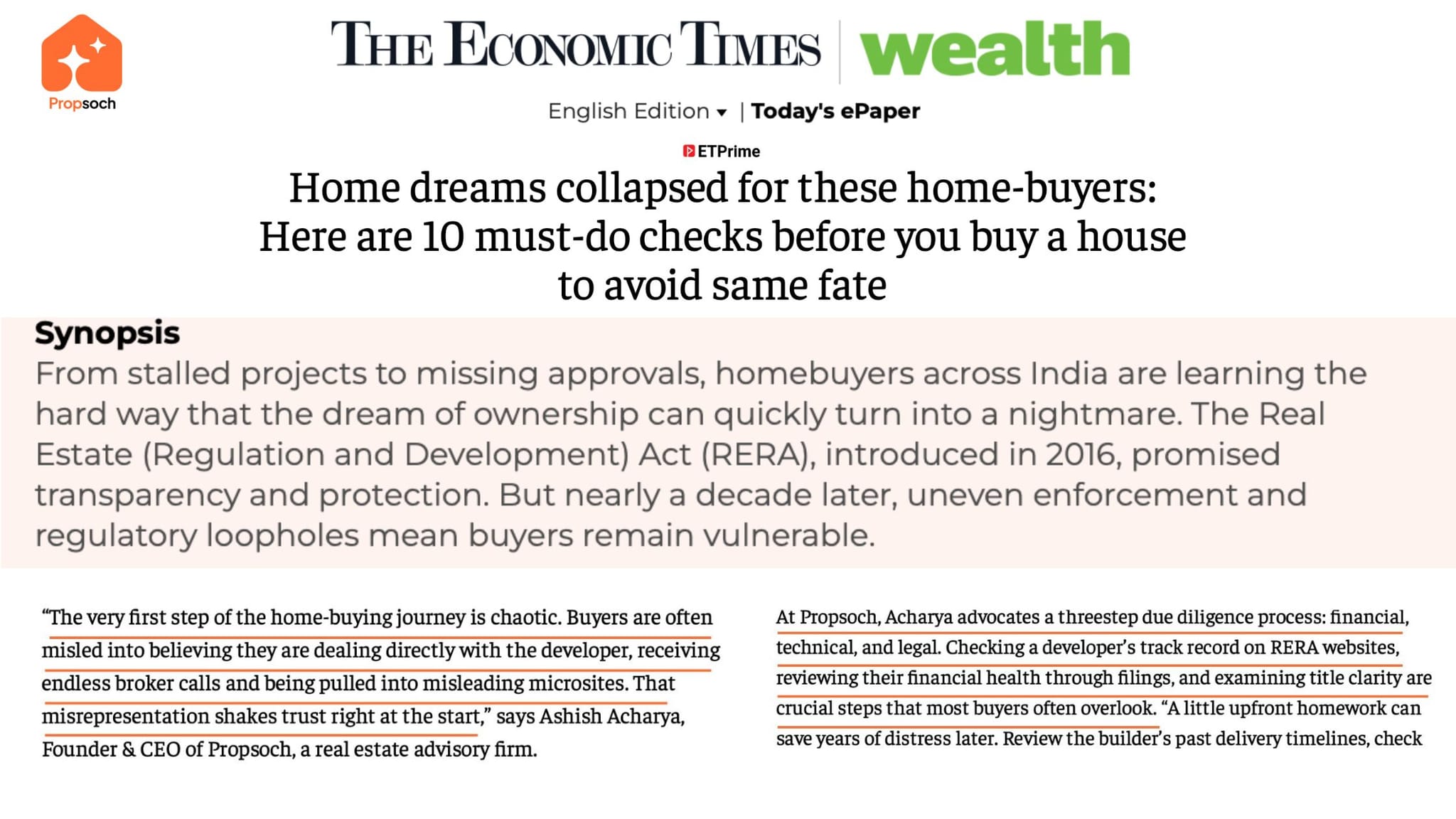 Homebuying in India After RERA: Insights from Propsoch’s ET Feature