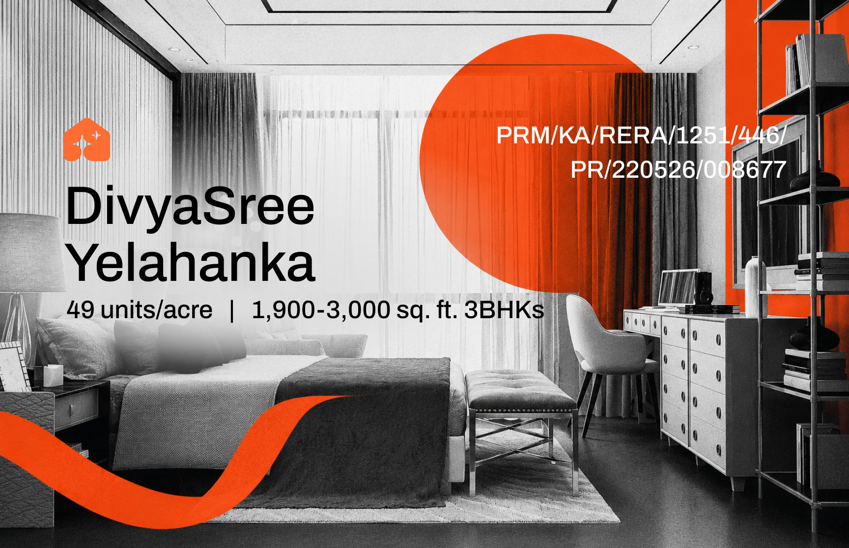 Banner for blog detailing project details of DivyaSree Yelahanka with an image of a sample 3BHK in the background with the text 49 units/acre density and spacious 1,900-3,000 sq ft 3BHKs