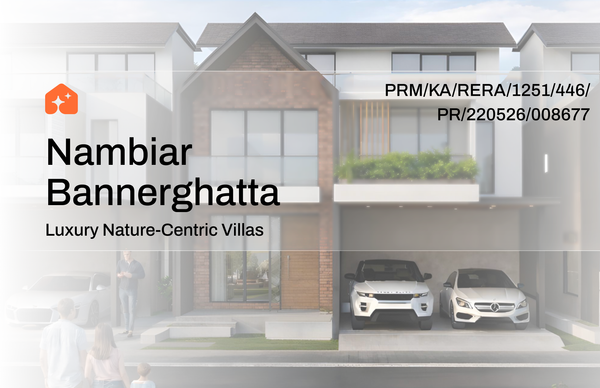 Banner for blog detailing project details of Nambiar Bannerghatta Villas with an image of a sample villa in the background
